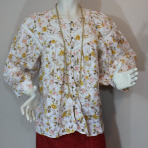 ANTHROPOLOGIE Harmony Blouse Lace Peasant Cottagecore Floral 100% Cotton Large - Picture 3 of 9